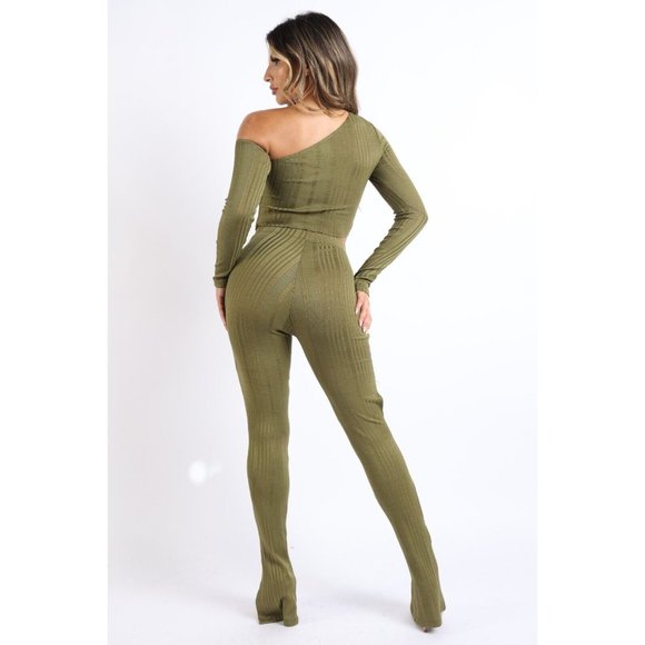 Women's Asymmetric One Shoulder Cutout Ribbed Top and Matching Flare Pants Set - Picture 5 of 8